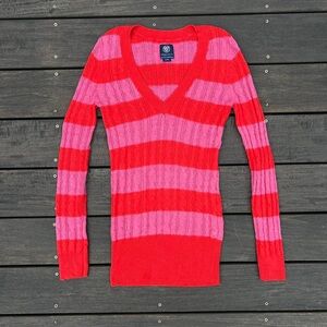 Vintage Y2K Pink/Red Striped American Eagle V-Neck Sweater Long Thin Stretch